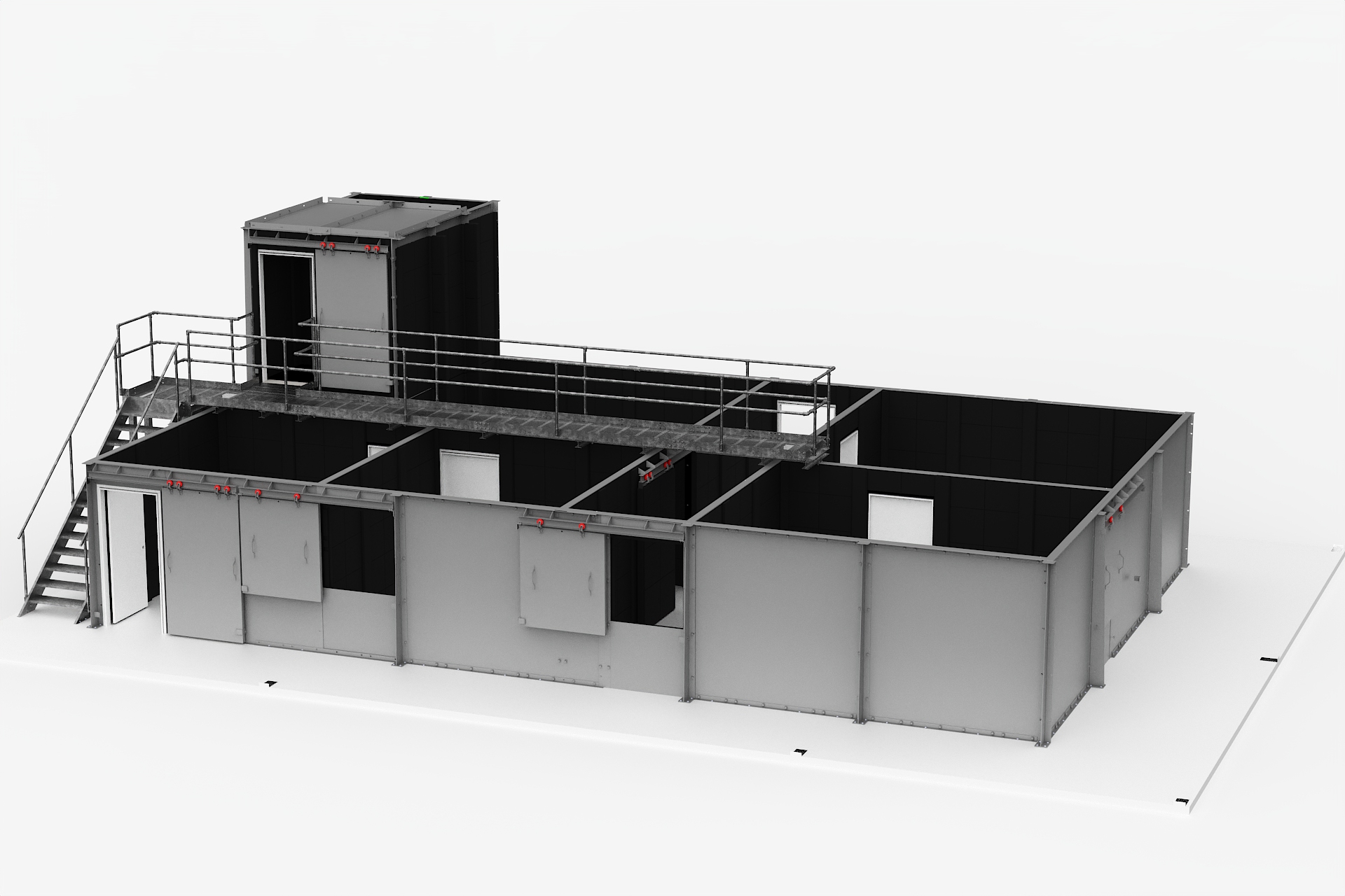 Isometric view of a modular building with a rooftop walkway, stairs on the left, and enclosed rooms on a grey and black exterior edge of a construction model.