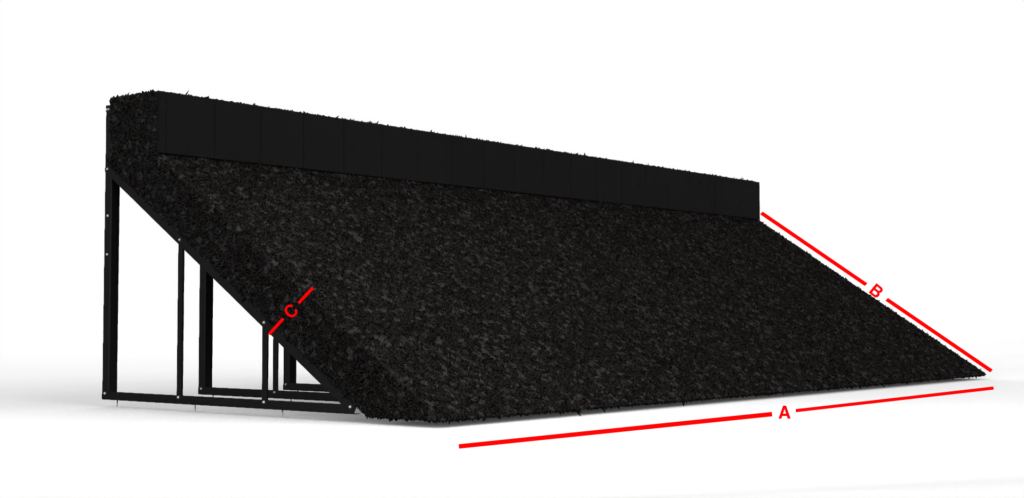 Sloped black ramp with a metal frame and textured surface; red lines mark dimensions A (base length), B (ramp length along the slope), and C (thickness) for measurement example.