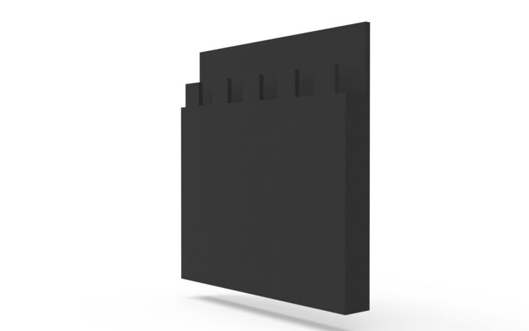 Dark gray 3D panel with a stepped lower edge and five vertical cutouts along the top edge.