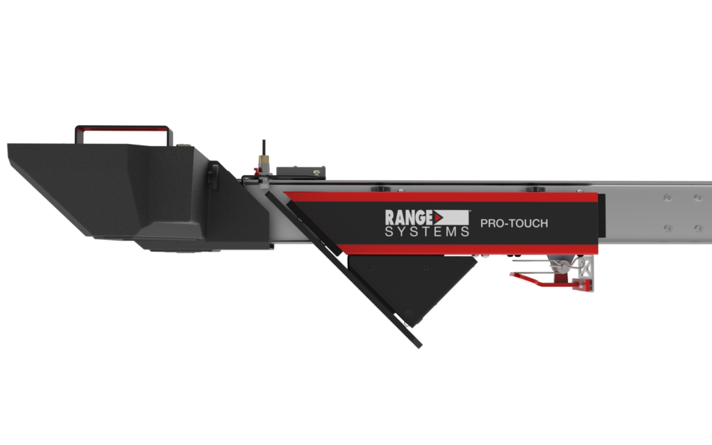 Side view of a Range Systems Pro-Touch mechanism with black and red housing and metal rails.