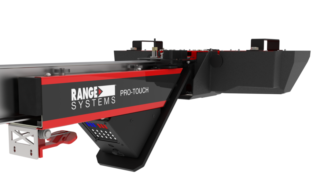 Side view of a Range Systems Pro-Touch device with red and black branding mounted on a metal frame.