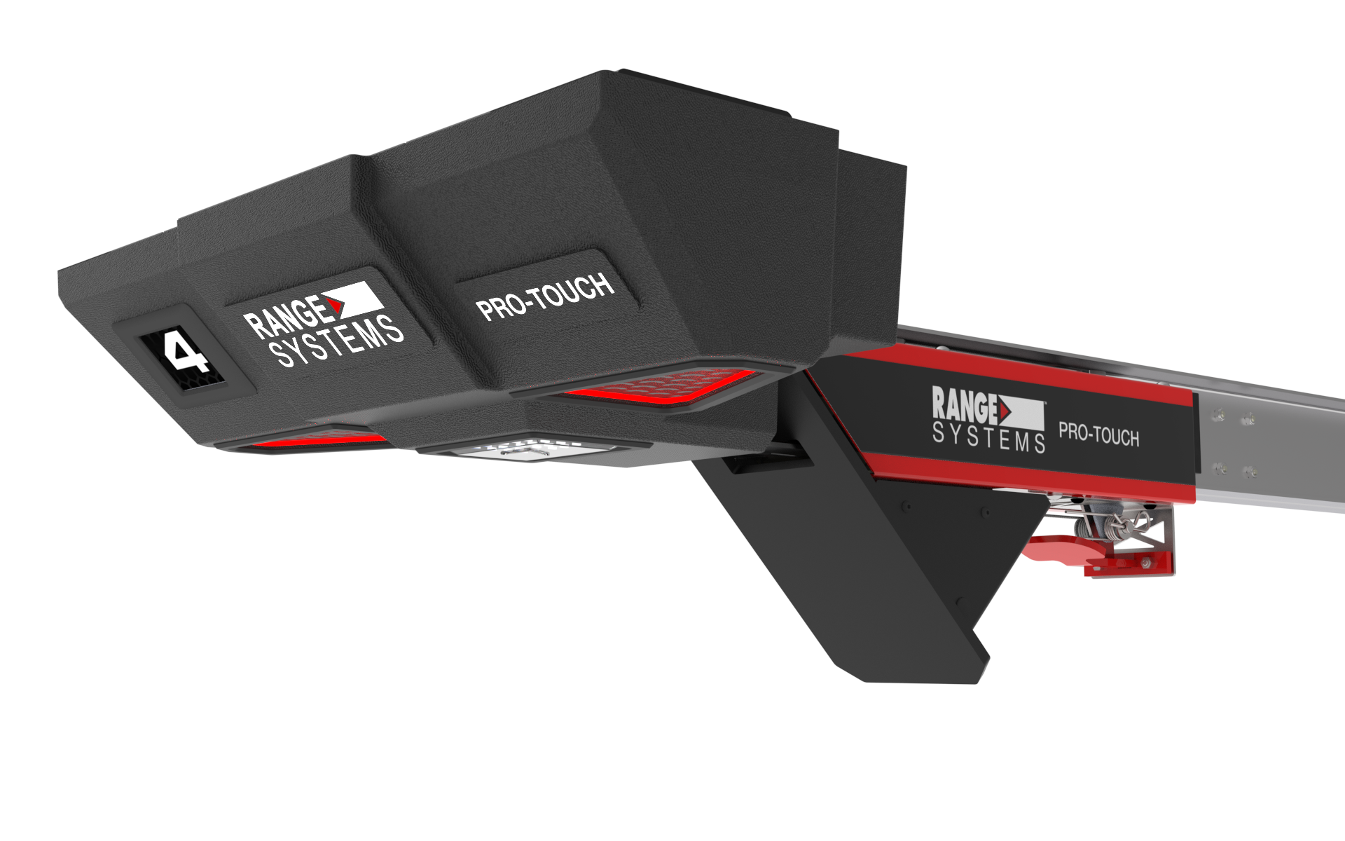 Close-up of a black Pro-Touch control module mounted on a red-and-black industrial rail, with Range Systems branding visible.
