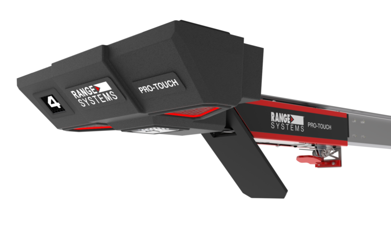 Close-up of a black Pro-Touch control housing on a Range Systems track system with red accents.
