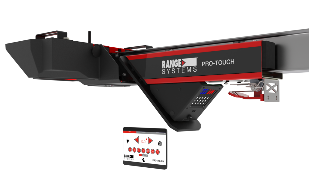 Range Systems Pro-Touch control module mounted on a red-and-black industrial assembly.
