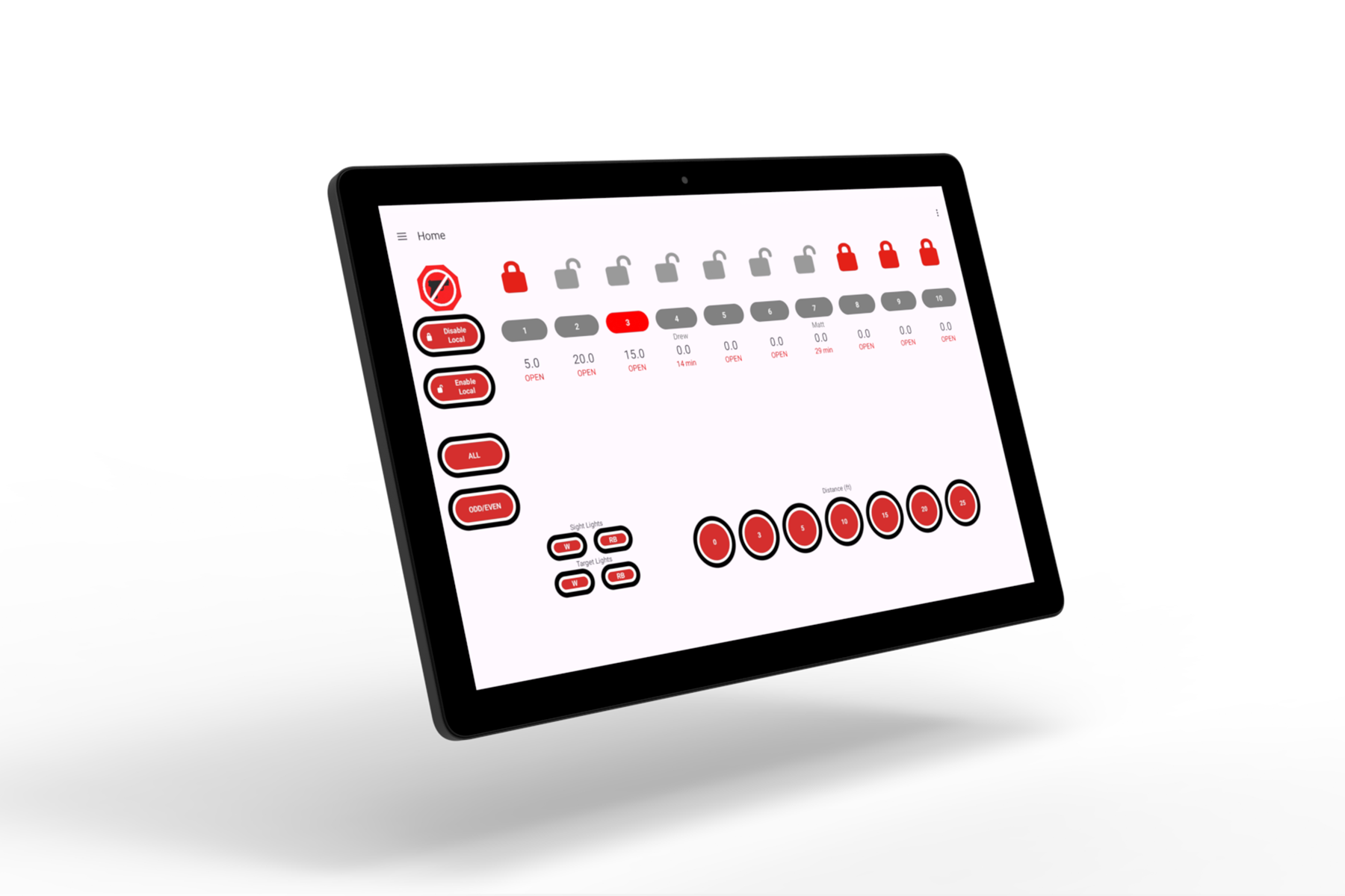 Tablet displaying a dashboard with status icons and lock symbols, left menu with red rounded buttons (Disable Local, Enable Local, All, Odd/Even) and circular red status indicators across the bottom edge, on a white background.